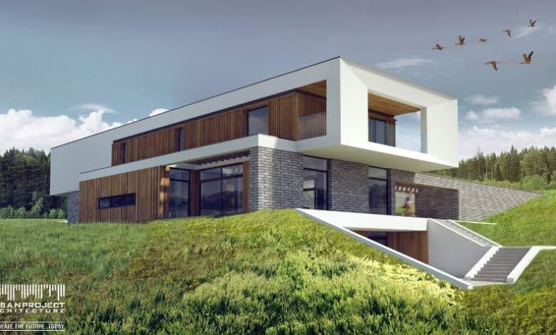Nowoczesny dom energooszczędny z dużymi przeszkleniami i elegancką architekturą na zielonym tle, idealny dla optymalnych rozwiązań budowlanych.