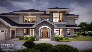 Nowoczesny dom jednorodzinny z oryginalną architekturą, elewacją z naturalnego kamienia i dużymi oknami, otoczony zielenią, idealny do realizacji marzeń o własnym domu.