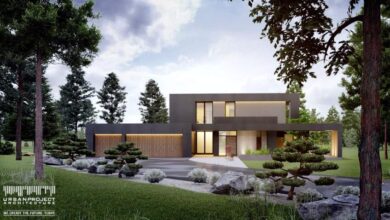 Nowoczesny dom jednorodzinny w otoczeniu zieleni, minimalistyczna architektura, naturalne materiały, ekologiczne rozwiązania, harmonijne połączenie z naturą, stylowe i funkcjonalne wnętrza, projekt od URBANPROJECT ARCHITECTURE.