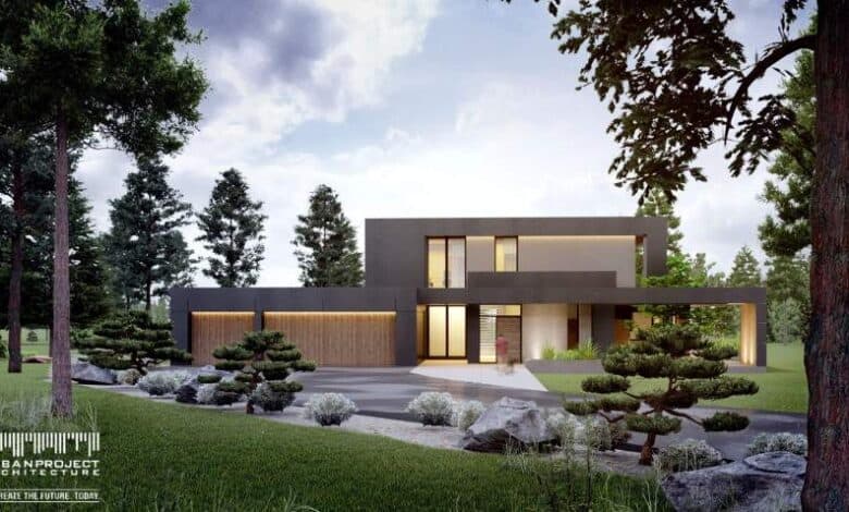 Nowoczesny dom jednorodzinny w otoczeniu zieleni, minimalistyczna architektura, naturalne materiały, ekologiczne rozwiązania, harmonijne połączenie z naturą, stylowe i funkcjonalne wnętrza, projekt od URBANPROJECT ARCHITECTURE.