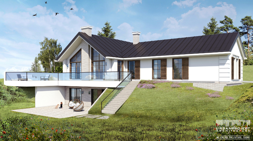 elegancki dom na stoku, projekt indywidualny, dach dwuspadowy, taras wielopoziomowy