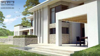 Nowoczesny dom jednorodzinny z dużym tarasem i balkonem, architektura minimalistyczna, otoczony zielenią, idealny dla rodziny, energooszczędne rozwiązania, inspirowane współczesnym designem.