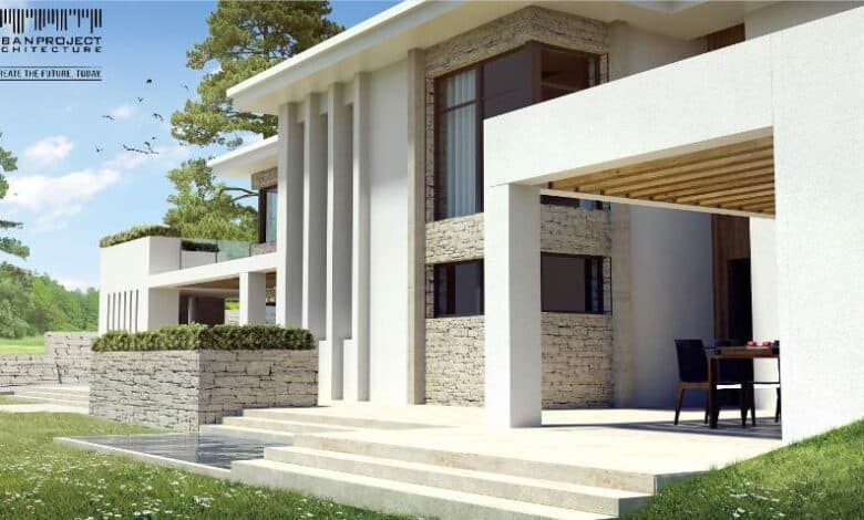 Nowoczesny dom jednorodzinny z dużym tarasem i balkonem, architektura minimalistyczna, otoczony zielenią, idealny dla rodziny, energooszczędne rozwiązania, inspirowane współczesnym designem.