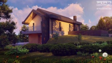 Nowo wybudowany nowoczesny dom jednorodzinny na zielonym wzgórzu w otoczeniu przyrody, z dużymi oknami i tarasem, idealny do relaksu i wypoczynku, zaprojektowany przez architektów Urban Project.