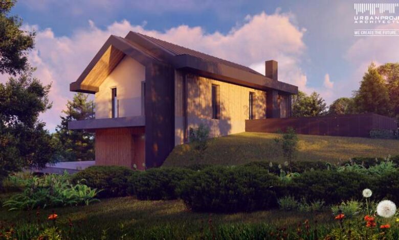 Nowo wybudowany nowoczesny dom jednorodzinny na zielonym wzgórzu w otoczeniu przyrody, z dużymi oknami i tarasem, idealny do relaksu i wypoczynku, zaprojektowany przez architektów Urban Project.