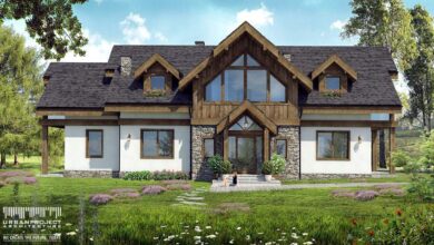 Nowe przytulne domy jednorodzinne w stylu skandynawskim z naturalnym wykończeniem i dużymi oknami, otoczone zielonym ogrodem, idealne do zamieszkania dla rodziny ceniącej komfort i ekologię.