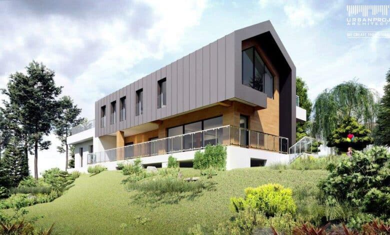 Nowoczesny dom jednorodzinny na projektowanie architektury urbanistycznej, z dużym tarasem i zielonym ogrodem, idealny dla inwestycji optima.