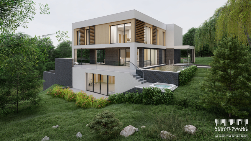 Minimalistyczny dom z płaskim dachem na skarpie na zboczu dla stromej działki projekt indywidualny nowoczesny współczesny