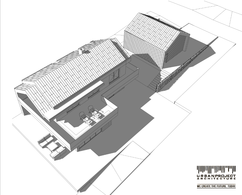 indywidualny projekt nowoczesnego domu z dachem dwuspadowym, typu stodoła, elewacja z drewna i blachy, wysunięty okap