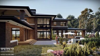 Nowa luksusowa willa modernistyczna w otoczeniu zieleni, z dużymi oknami, tarasem i eleganckim ogrodem, idealna dla miłośników architektury i natury.