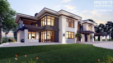 Nowoczesny dom jednorodzinny z dużymi oknami i tarasem, projekt architektoniczny urban project architektura, luksusowa investycja, elegancki design, spokojna okolica, optymalna funkcjonalność, energooszczędność.