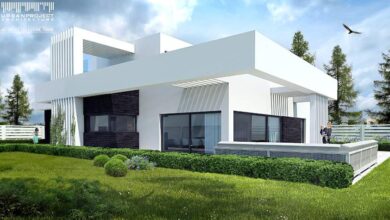 Nowoczesny dom jednorodzinny z dużymi oknami i przestronnym tarasem, zaprojektowany jako przykład innowacyjnej architektury od Panidyrektor.pl, idealny dla miłośników funkcjonalności i estetyki.