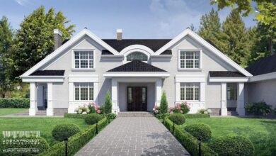 Nowoczesny biały dom z eleganckim ogrodem, idealny do zamieszkania i pracy w domu. Przemyślane rozwiązania architektoniczne, klasyczny styl i funkcjonalność zapewniają komfort i bezpieczeństwo.