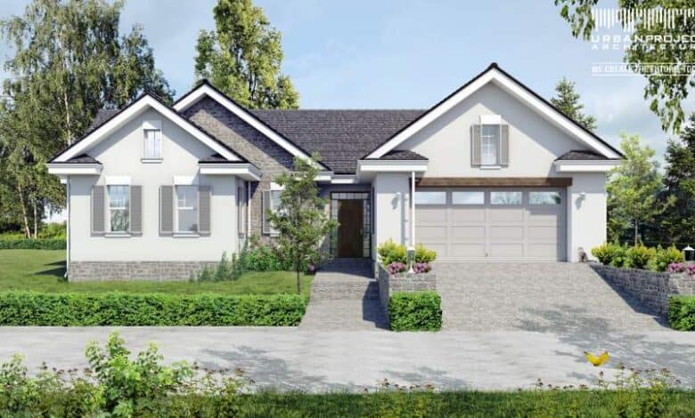 Nowa nowoczesna willa z garażem, otoczona zielenią, idealna dla rodzin szukających eleganckiego domu jednorodzinnego. Przestronne wnętrza i designerski wygląd podkreślają funkcjonalność i estetykę.