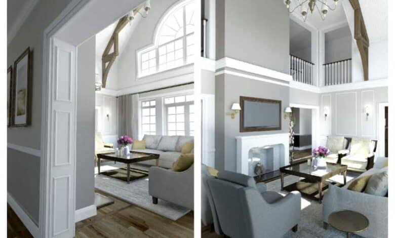 Przestronne jasne wnętrze salonu z eleganckim wykończeniem i dużymi oknami, tworzące komfortową przestrzeń do relaksu i spotkań.