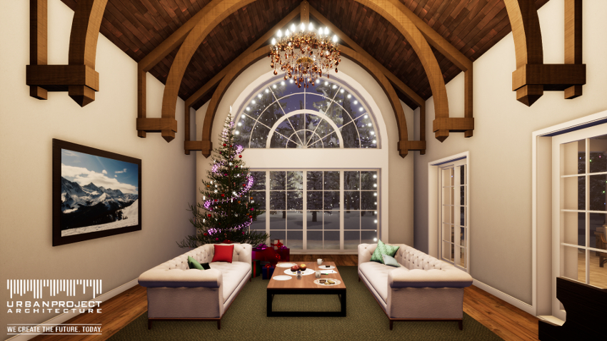 wyjątkowy dom wnętrze architektura projekt indywidualny dom jednorodzinny w świątecznej zimowej scenerii wizualizacje cegła na elewacji wysoki sufit duże okna dom marzeń projekt domu z ogrodem zimowym