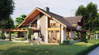 Nowa nowoczesna willa z dużymi oknami, naturalnym drewnem i stone cladding, otoczona zielonym ogrodem, idealna dla rodziny, z zastosowaniem najlepszych rozwiązań optymalizacyjnych.