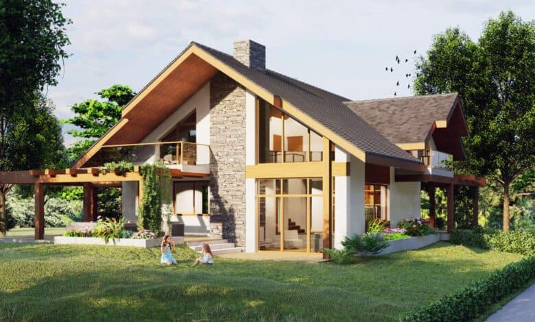 Nowa nowoczesna willa z dużymi oknami, naturalnym drewnem i stone cladding, otoczona zielonym ogrodem, idealna dla rodziny, z zastosowaniem najlepszych rozwiązań optymalizacyjnych.