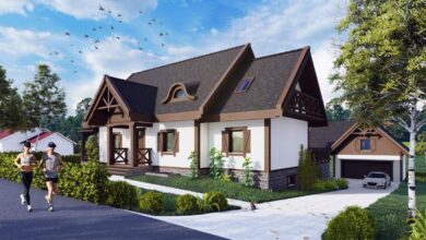 Nowoczesny dom jednorodzinny w stylu rustykalnym z przestronnym ogrodem i garażem, idealny dla rodzin ceniących komfort i estetykę, otoczony zielenią, słoneczny dzień, relaks na łonie natury.