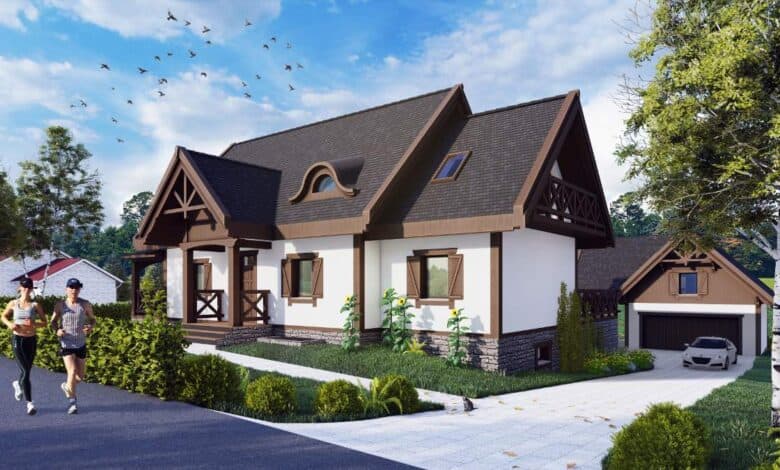 Nowoczesny dom jednorodzinny w stylu rustykalnym z przestronnym ogrodem i garażem, idealny dla rodzin ceniących komfort i estetykę, otoczony zielenią, słoneczny dzień, relaks na łonie natury.