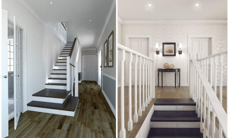 Nowoczesne wnętrza, białe schody z czarnymi detalami, elegancki wystrój, oferta optima, domowe inspiracje, aranżacja wnętrz, stylowe rozwiązania dla domu.