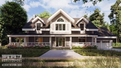 Nowoczesny dom jednorodzinny z eleganckim frontem i dużym tarasem otoczony zielenią, idealny dla rodzin ceniących komfort i estetykę, projekt architektoniczny od Urban Project Architecture.