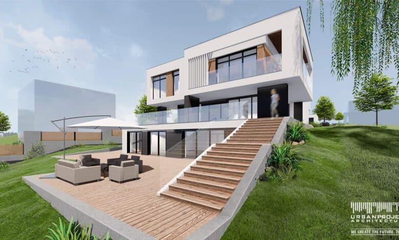 Nowoczesny dom wielopoziomowy z dużym tarasem i eleganckimi schodami, otoczony zielenią, projekt architektoniczny Urban Project dla wymagających klientów optima.
