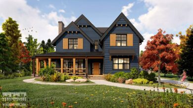 Dwór w stylu nowoczesnym z dużym tarasem, otoczony zadbanym ogrodem z drzewami i alejkami, idealny projekt architektoniczny dla osób szukających eleganckiego domu w otoczeniu natury.