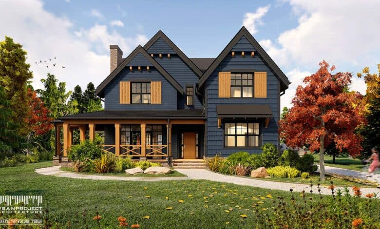 Dwór w stylu nowoczesnym z dużym tarasem, otoczony zadbanym ogrodem z drzewami i alejkami, idealny projekt architektoniczny dla osób szukających eleganckiego domu w otoczeniu natury.