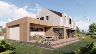 Nowy nowoczesny dom jednorodzinny z przestronnym tarasem, połączenie drewna i bieli, idylliczna okolica, doskonałe rozwiązanie dla rodziny, projekt i realizacja według indywidualnych potrzeb.