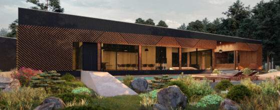 Nowoczesny budynek biurowy z dużymi oknami i drewnianymi elementami architektonicznymi, otoczony zielonym ogrodem, idealny dla firm ceniących ekologiczne rozwiązania i nowoczesny design.