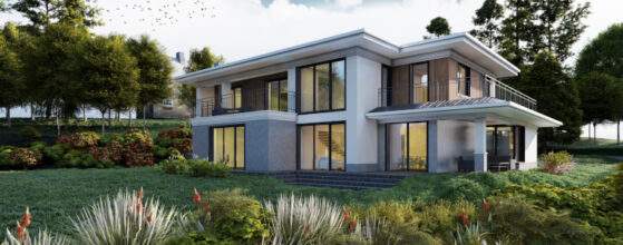 Nowoczesny dom jednorodzinny na zielonej działce z dużymi oknami i tarasem, otoczony naturalną roślinnością, idealny do życia i odpoczynku w zgodzie z naturą.