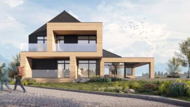 Efektowny nowoczesny dom jednorodzinny z dużymi oknami i tarasem, otoczony zielenią, idealny dla rodziny szukającej funkcjonalności i estetyki w jednym miejscu.