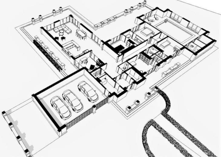 Parterowa willa - układ pomieszczeń w widoku 3D