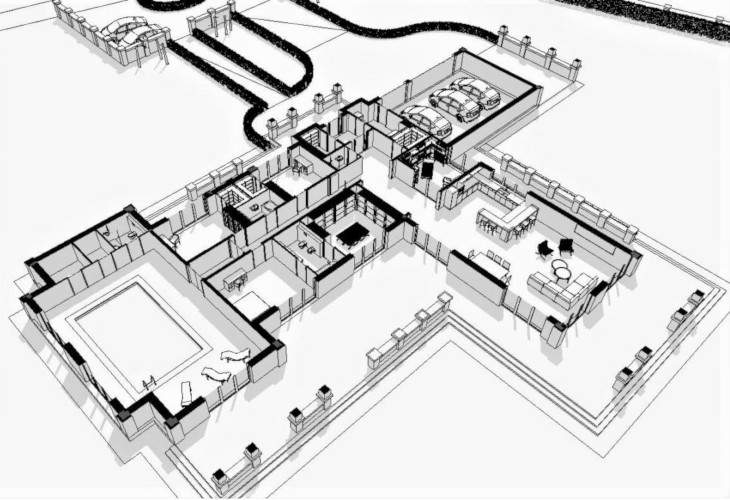 Parterowa willa - układ pomieszczeń w widoku 3D