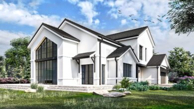 Nowa luksusowa willa z dużymi przeszkleniami i nowoczesną architekturą na osiedlu domów jednorodzinnych. Idealne rozwiązanie dla miłośników eleganckiego i funkcjonalnego stylu życia.