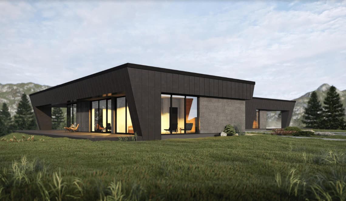 Nowoczesny dom energooszczędny z dużymi przeszkleniami i minimalistycznym designem w otoczeniu natury. Idealny projekt dla poszukujących ekologicznych rozwiązań i eleganckiej architektury.
