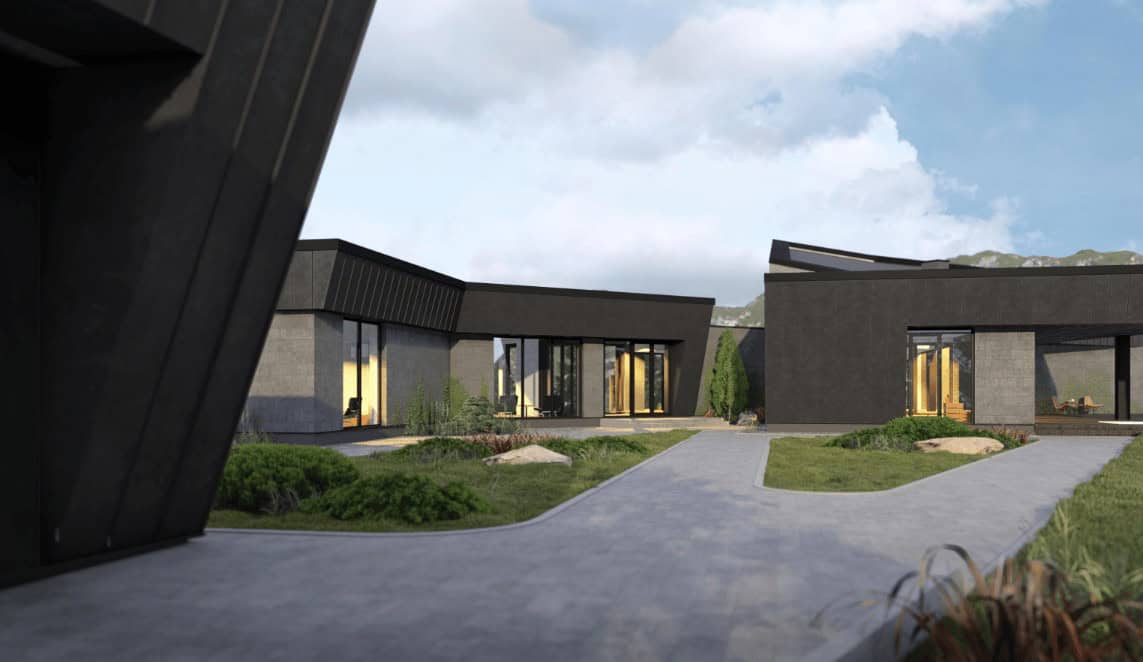 Nowoczesny kompleks biurowo-usługowy w stylu minimalistycznym, otoczony zielenią, z dużymi panoramicznymi oknami i przestronnymi tarasami, idealny do rozwoju biznesu w komfortowym otoczeniu.