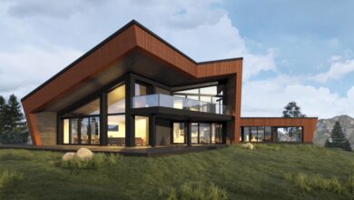 Nowoczesny dom z dużymi przeszkleniami i ciekawą architekturą na tle górskiego krajobrazu. Idealny projekt dla miłośników designu i funkcjonalności, z przestronnym tarasem i panoramicznymi oknami.
