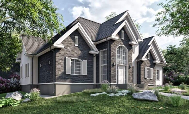 Nowoczesny dom jednorodzinny z elegancką architekturą, otoczony zielenią, idealny dla rodzin szukających komfortowego rozwiązania, inspiracja dla projektowania domów prywatnych, odnawialne technologie i energooszczędność.