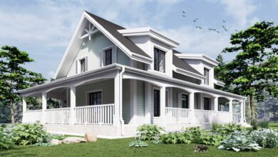 Elegancki biały dom z dużym tarasem i nowoczesną architekturą, otoczony zielenią i kwiatami, idealny do relaksu i spędzania czasu z rodziną.