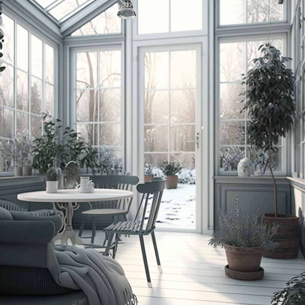 Przytulny pokój zimowy z dużymi oknami, wnętrze z roślinami, pastelowe meble, naturalne światło, inspiracja do aranżacji wnętrz, komfortowa atmosfera, aranżacja wnętrz na zimę, design wnętrz.