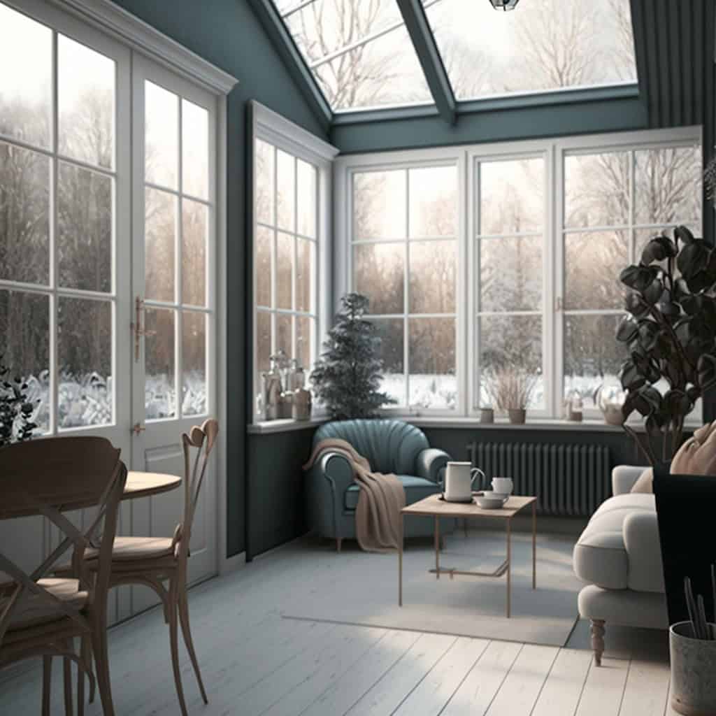 Przytulny salon z dużymi oknami i zimowym widokiem, idealny na relaks i odpoczynek, elegancki wystrój, ciepłe kolory, drewniane elementy, kwiaty i dekoracje, optymalny komfort do wypoczynku.