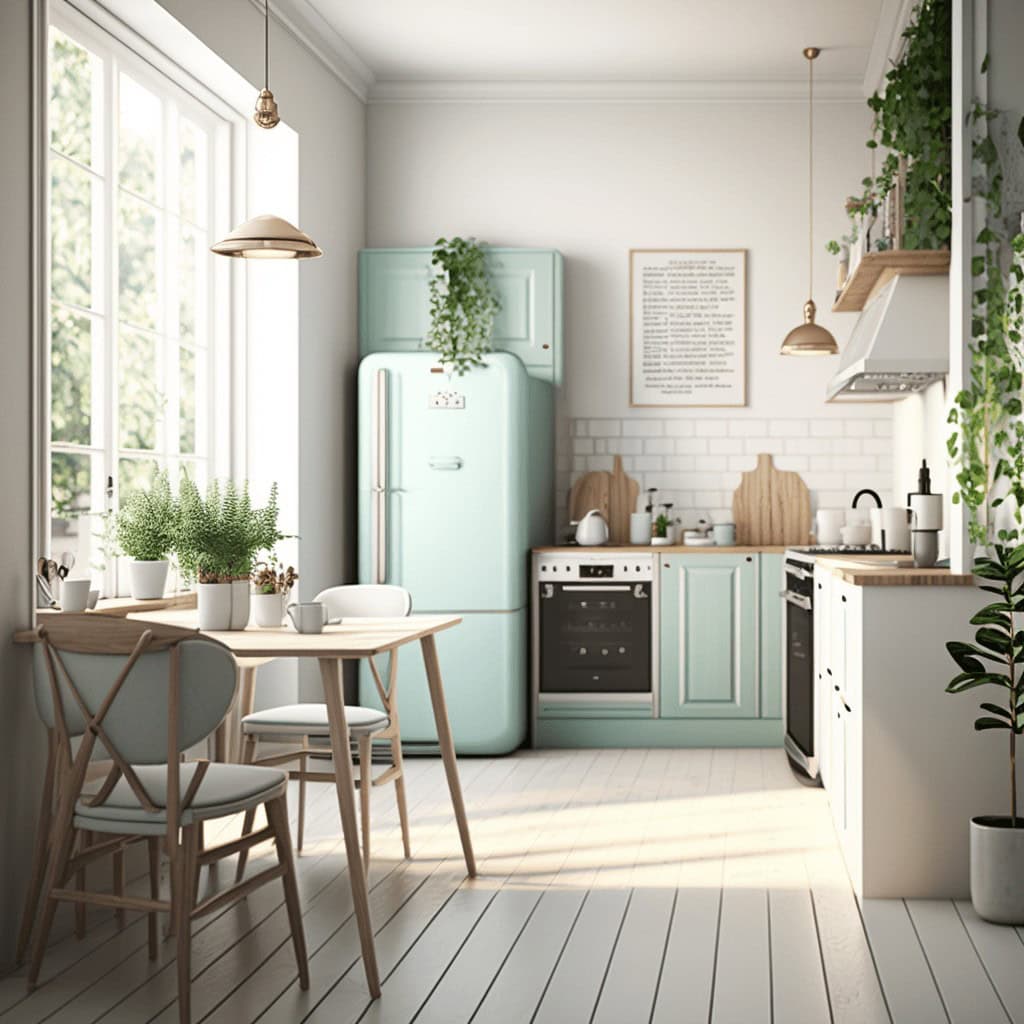 Stylowa kuchnia w stylu skandynawskim z jasnymi meblami i roślinami, naturalne światło, nowoczesne urządzenia AGD, minimalistyczny design, rustykalne akcenty, idealne rozwiązanie dla optymalnej przestrzeni kuchennej.