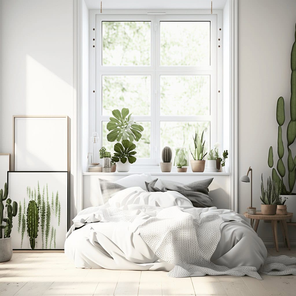 Zadbany, jasny pokój sypialny z dużym oknem, dekorowany roślinami doniczkowymi, naturalne światło, minimalistyczny styl, przytulne wnętrze z białą pościelą.