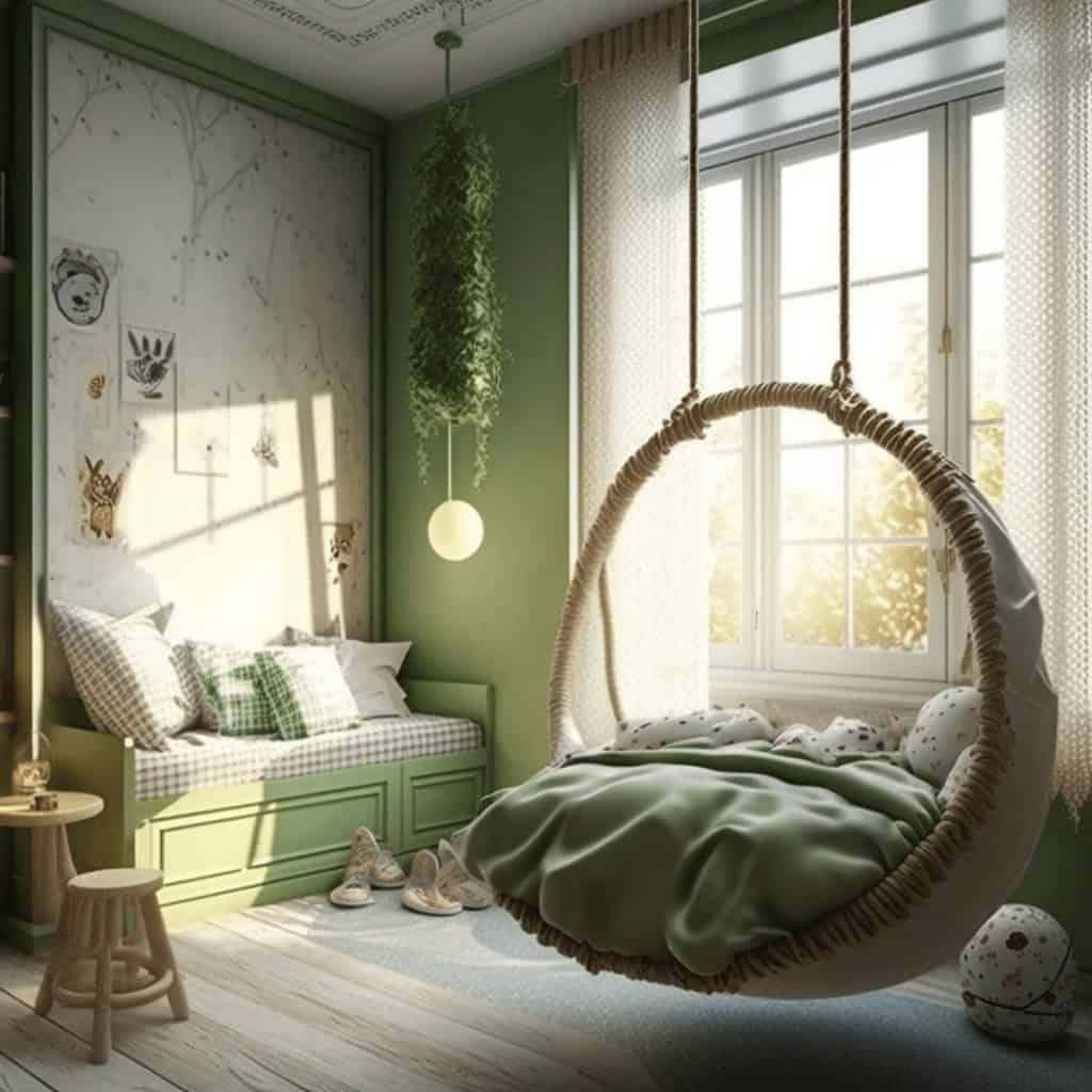 Przytulny pokój dziecięcy w pastelowych odcieniach zieleni z hamakową zawieszką obok dużego okna z naturalnym światłem.
