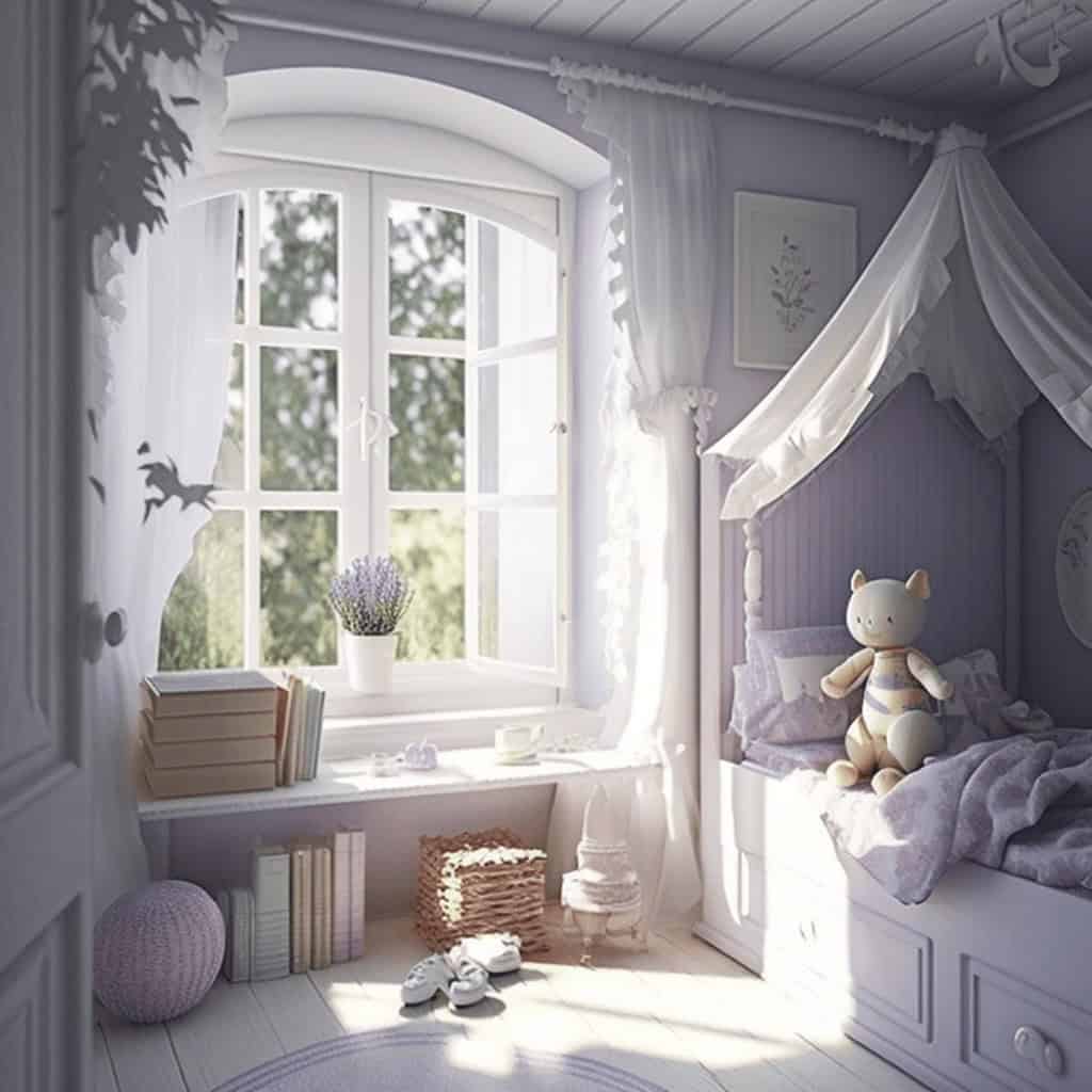 Przytulny pokój dziecięcy w pastelowych odcieniach, z naturalnym światłem, białymi zasłonami i dekoracjami w stylu skandynawskim, idealny dla dziewczynki na co dzień i do nauki.