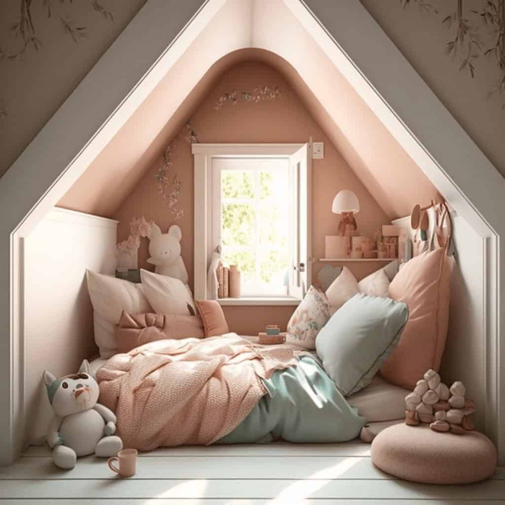 Przytulny pokój dziecięcy w stylu skandynawskim z pastelowymi dekoracjami, miękkim łóżkiem i naturalnym światłem. Perfekcyjny wystrój dla dzieci, wspierający rozwój i kreatywność.