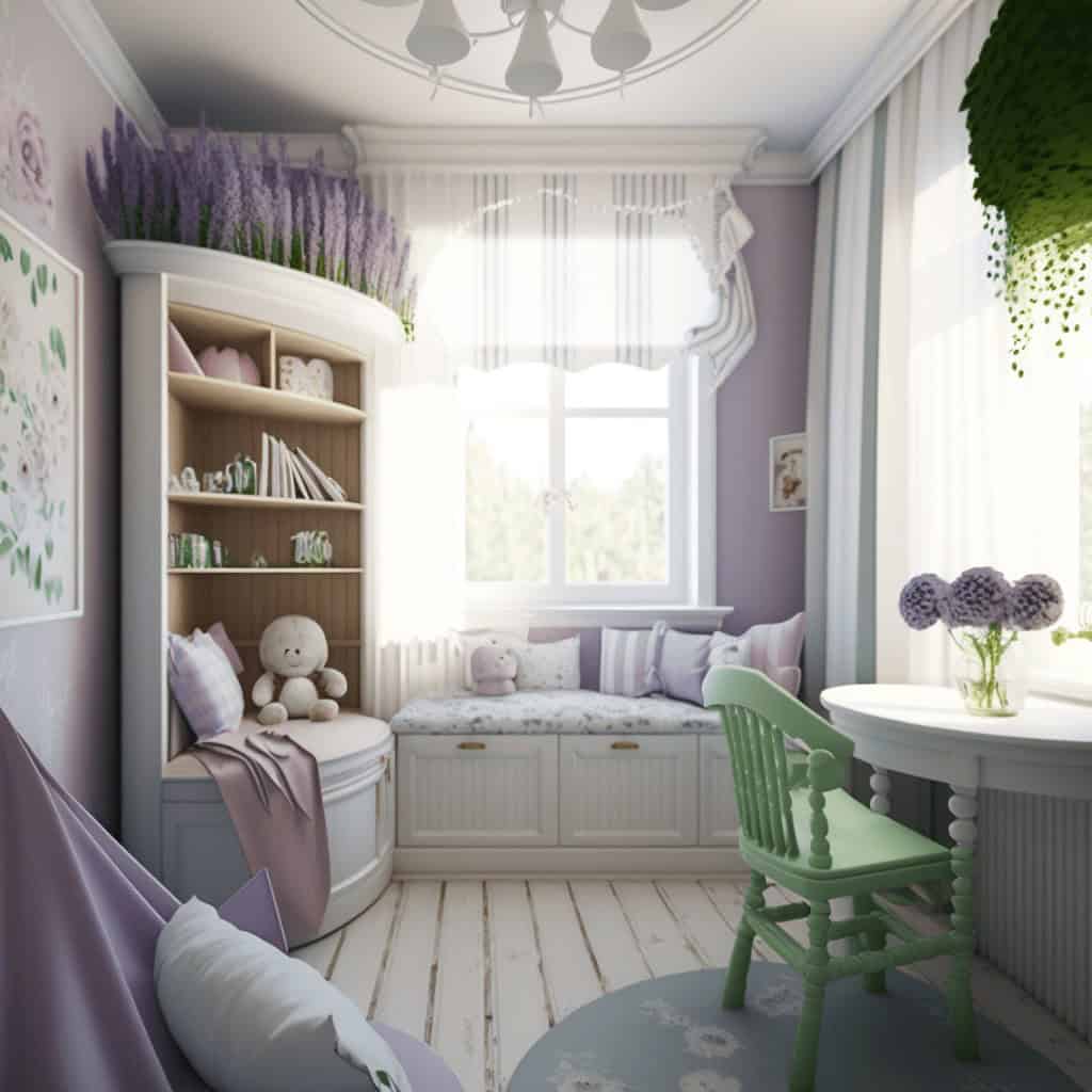 Przytulny pokój dziecięcy w delikatnych pastelowych kolorach z białymi meblami, oknem z dużą ilością naturalnego światła, roślinami i dekoracjami w stylu skandynawskim, idealny dla malucha.