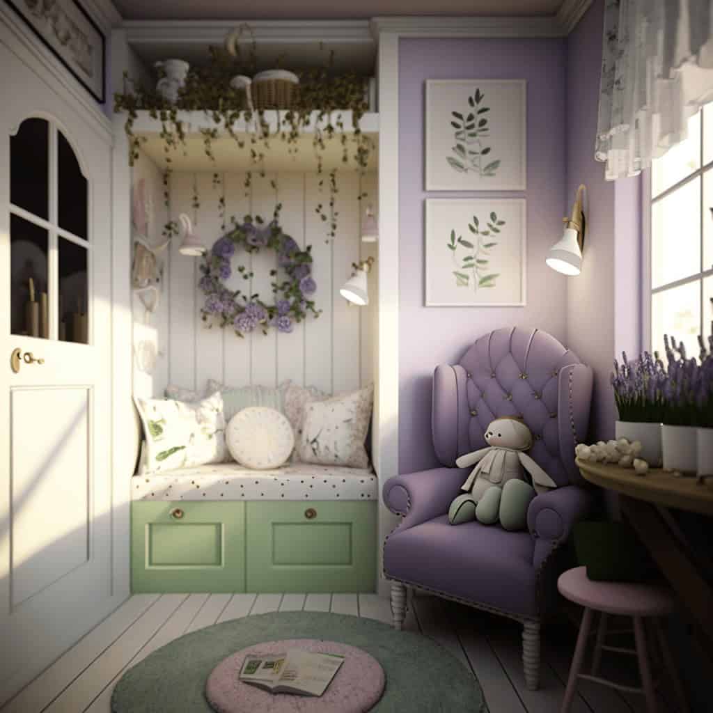 Przytulny pokój dziecięcy z kwiatowymi dekoracjami, różowymi i fioletowymi akcentami, wygodnym fotelem i rozsuwaną sofą w pastelowych kolorach, idealny dla malucha optymalny pod kątem aranżacji wnętrz.